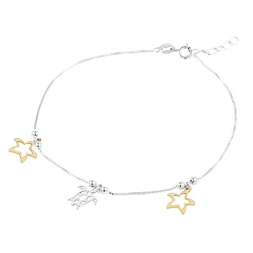 Řetízek na nohu, stříbro 925, hvězdice, želva a lesklé kuličky