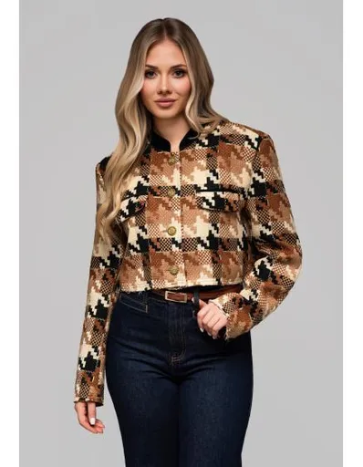 Krátká dámská bunda s vlnou OW-BLZB-0103 v1 – hnědá