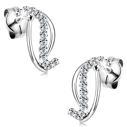 Zlaté 14K náušnice - dvě hladké a jedna zirkonová linie, bílé zlato, puzetky