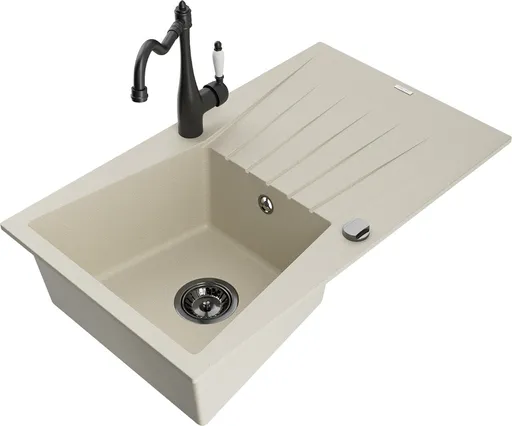 MEXEN/S Cesar granitový dřez 1-miska s odkapávačem včetně baterie Carla, béžová 6514-69-670700-70