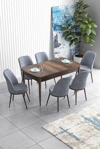 Extendable Dining Table & Chairs Set (7 Pieces) Han - Baroque, Grey