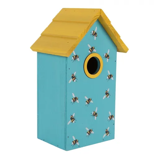 Modro-žlutá dřevěná ptačí budka se včelkami Birdhouse - 15*10*22 cm Clayre & Eef