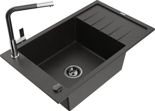 MEXEN/S Elias granitový dřez 1 s odkapávačem včetně baterie Flora, černá/zlatá metalik 6511-75-670401-07-B