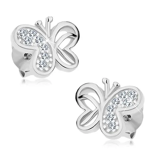 Stříbrné 925 náušnice, motýlek zdobený výřezy a čirými zirkony, puzetky