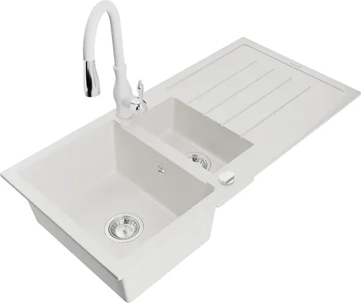 MEXEN/S Andres granitový dřez s odkapávačem včetně baterie Savita, bílá 6515-20-672601-20
