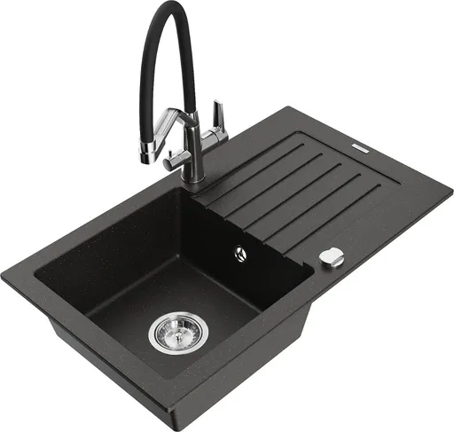 MEXEN/S Pablo granitový dřez s odkapávačem včetně baterie Duo, černá/zlatá metalik 6510-75-671701-07