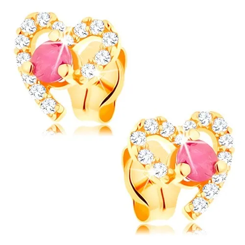 Náušnice ve žlutém 14K zlatě, obrys srdíčka zdobený čirými zirkony a rubínem