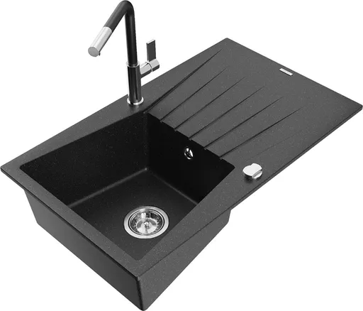 MEXEN/S Cesar granitový dřez 1-miska s odkapávačem včetně baterie Flora, černá/stříbrná metalik 6514-73-670401-07