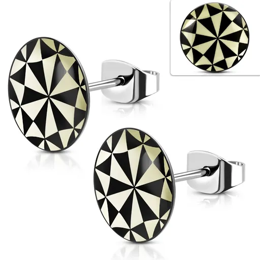 Náušnice z chirurgické oceli, akrylový kruh se žlutočerným geometrickým vzorem