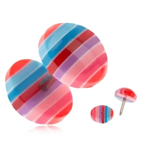 Falešný plug do ucha z akrylu - modré, červené a růžové pruhy