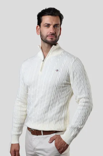 SVETR GANT COTTON CABLE HALF ZIP CREAM