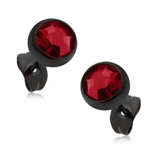 Puzetové náušnice z oceli, černá polokoule s tmavočerným kamínkem