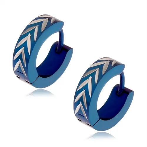 Tmavomodré náušnice z oceli, zářezy stříbrné barvy - obrácené "V"