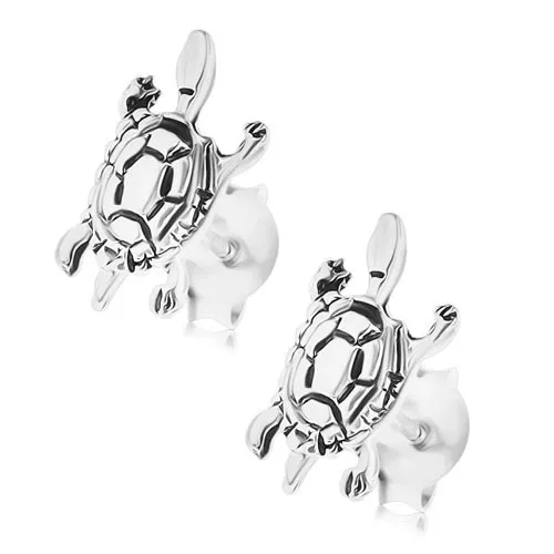 Náušnice ze stříbra 925, patinovaná želva, puzetky
