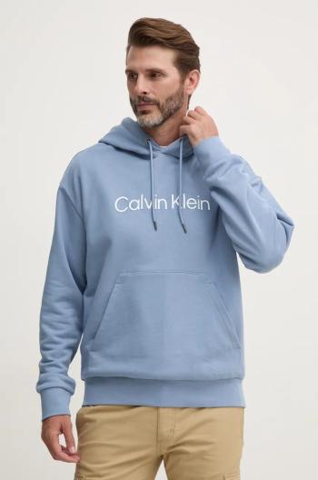 Bavlněná mikina Calvin Klein pánská, tyrkysová barva, s kapucí, s aplikací