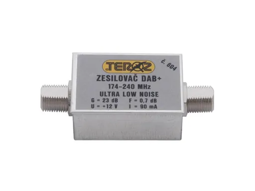 Anténní zesilovač TEROZ 604X, nízkošumový, DAB, G23dB, F0,7dB, U>120dBμV, F-F