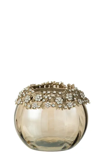 Zlatý svicen na čajovou svíčku se zdobením a kamínky Volve M - Ø  10*10cm 36103