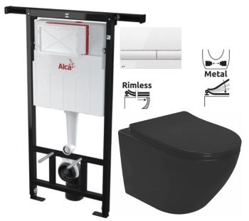 ALCADRAIN Jádromodul předstěnový instalační systém s bílým tlačítkem M1710 + WC REA CARLO MINI RIMLESS ČIERNY MAT + SEDADLO AM102/1120 M1710 MM1