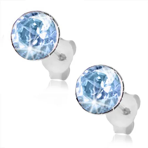 Stříbrné náušnice 925, kulatý světle modrý krystal Swarovski, puzetky