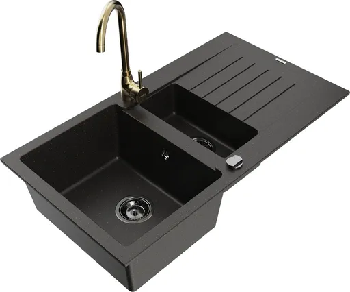 MEXEN/S Matias granitový dřez 1.5 s odkapávačem včetně baterie Telma, černá/zlatá 6502-75-670200-50-B