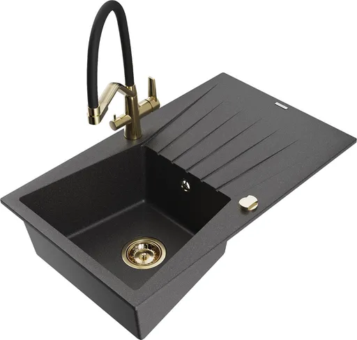 MEXEN/S Cesar granitový dřez s odkapávačem včetně baterie Duo, černá kropenatá 6514-76-671701-57-G