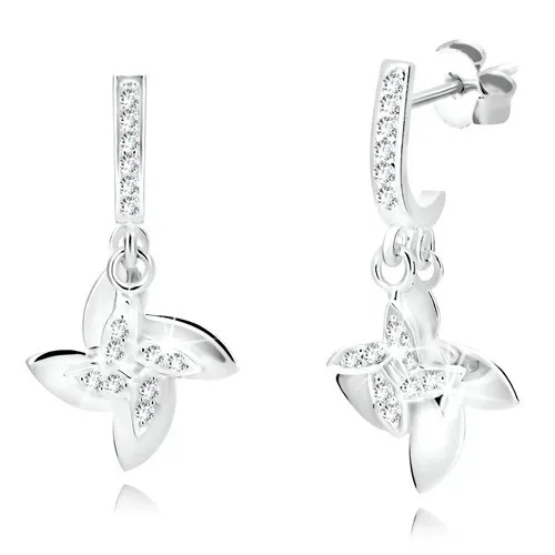 Náušnice ze stříbra 925 - zahnutý pás se zirkony, čtyřlistý květ, puzetky