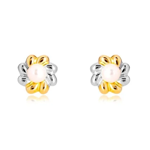 Náušnice v kombinovaném zlatě 585 - dvoubarevný květ s perlou uprostřed