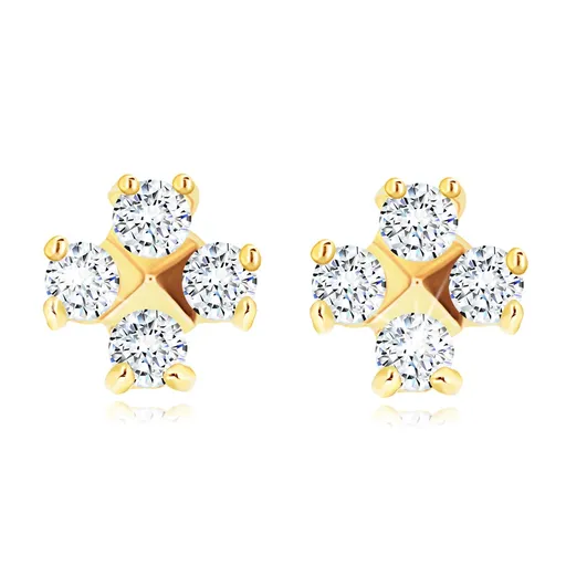 Zlaté náušnice 14K se čtveřicí zirkonů a pyramidovým středem