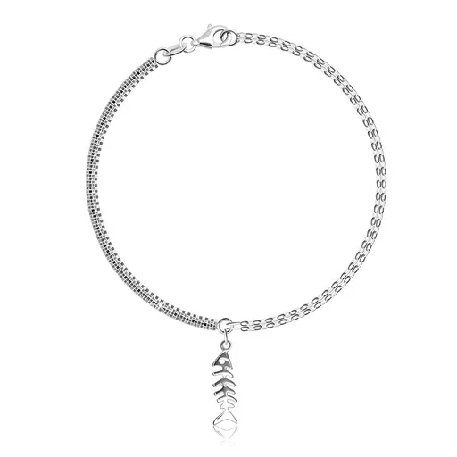 Stříbrný 925 náramek - šachovnicový řetízek, čtvercová očka, kostra rybky