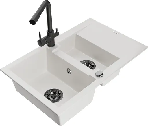 MEXEN/S Gaspar granitový dřez 1.5 s odkapávačem včetně baterie Duero, bílá 6507-20-671600-70