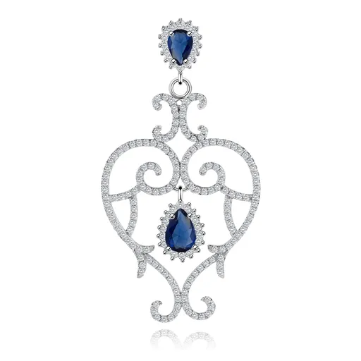 Stříbrný přívěsek 925, kontura srdce, spirálovité linie, čiré a modré zirkony