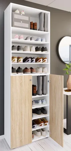 VCM Botník Lona XL s 10 přihrádkami, otočné dveře a police, bílý/dub sonoma