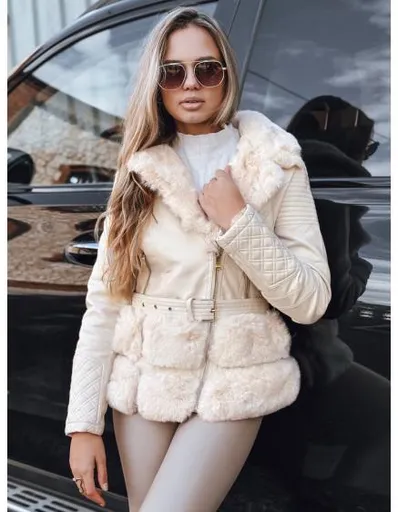 Dámská kožená bunda typu ramoneska s kožešinou, krémová