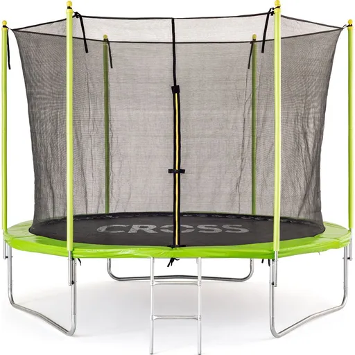 Trampolína CROSS se sítí a žebříkem, zeleno-černá, 306 x 306 x 250 cm