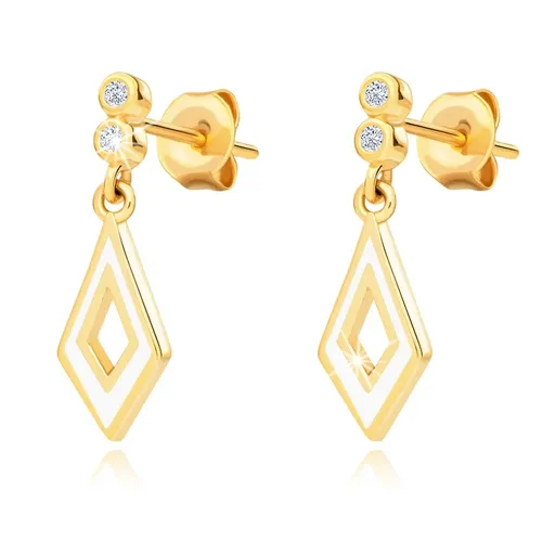 Zlaté náušnice 14K s kosoštvorcem, bílou glazurou a zirkony