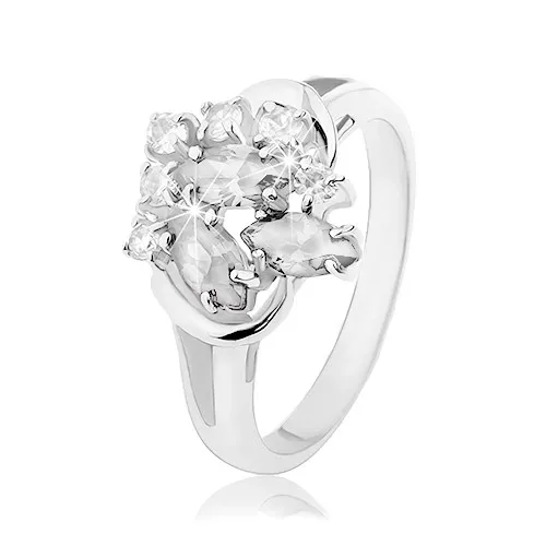 Prsten ve stříbrné barvě, rozdělená ramena, zrnkovité a kulaté čiré zirkony - Velikost: 55