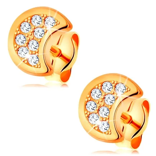 Náušnice ze žlutého 14K zlata - půlměsíc zdobený čirými kulatými zirkony