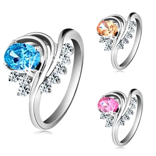 Prsten stříbrné barvy, zahnuté linie, barevný oválný zirkon a čiré zirkonky - Velikost: 49, Barva: Aqua modrá