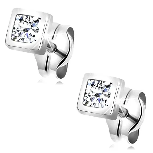 Náušnice v bílém 14K zlatě - zirkon čiré barvy v lesklé čtvercové objímce