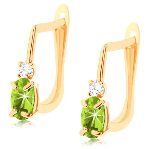 Náušnice ve žlutém 14K zlatě - oválný zelený syntetický olivín, čirý zirkonek