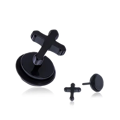 Černý lesklý falešný plug do ucha - kříž
