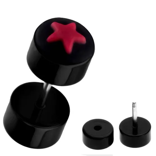 Falešný černý piercing do ucha z akrylu - červená hvězda