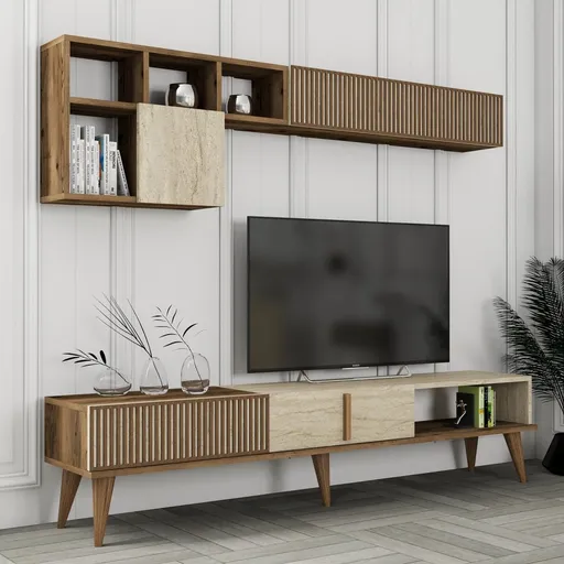 TV stěna / Sestava pod TV Milan - Walnut, Travertine