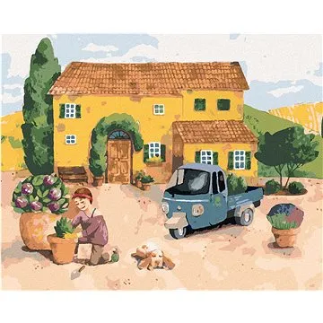 Diamondi - Diamantové malování - ŽENA SADÍCÍ KVĚTINY U DOMU V PROVANCE, 40x50 cm, Vypnuté plátno na  (606907B)