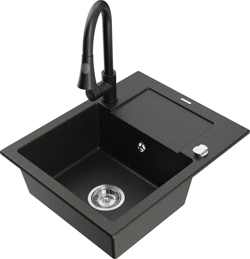 MEXEN/S Enzo granitový dřez 1 s odkapávačem včetně baterie Elia, černá/zlatá metalik 6506-75-670101-70