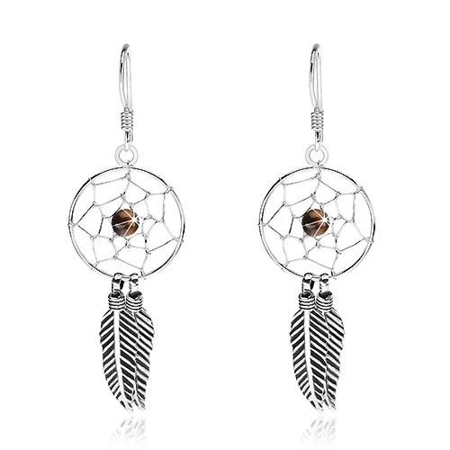 Náušnice ze stříbra 925, lapač snů s černým korálkem a pírky, 15 mm