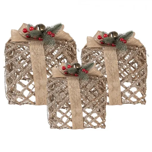 Set 3ks champagne svítící LED dárek - 25*25*30 / 20*20*24 / 15*15*17 cm / 6*AA Clayre & Eef