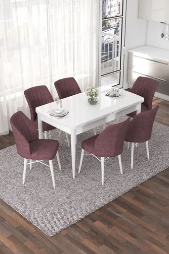 Extendable Dining Table & Chairs Set (7 Pieces) Nef - White, Dusty Rose