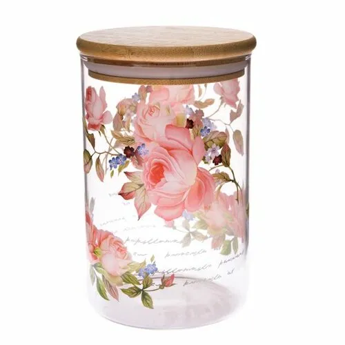 Skleněná doza s bambusovým víčkem Růže, 840 ml, L