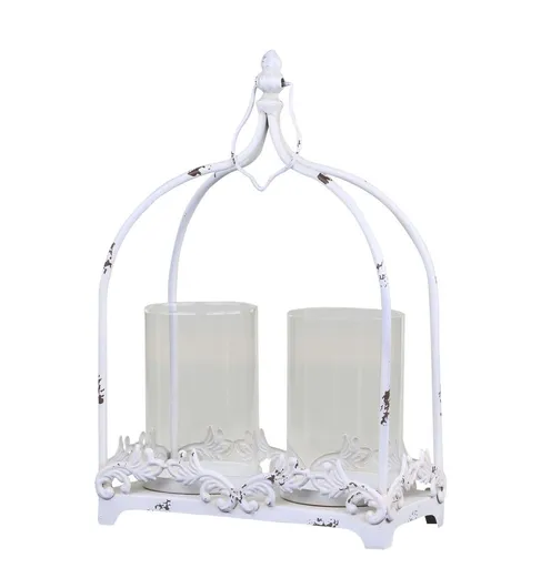 Krémová antik kovová lucerna na 2 svíčky Fleur - 25*12*38 cm 25053819